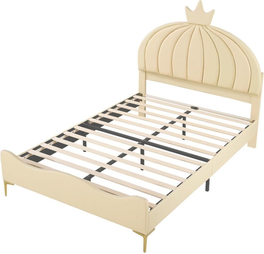 Gestoffeerd kinderbed 140x200cm zonder matras met boogvormig cartoonhoofdbord en hoge gouden metalen bedpoten stevig metalen frame beige