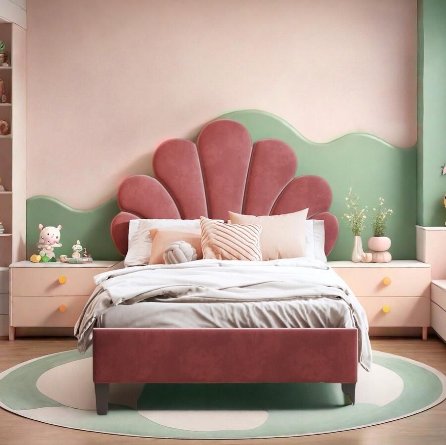 Gestoffeerd kinderbed 90 x 200 cm bedframe met bloemvormig hoofdeinde eenpersoonsbed voor tienermeisjes fluwelen stof rood