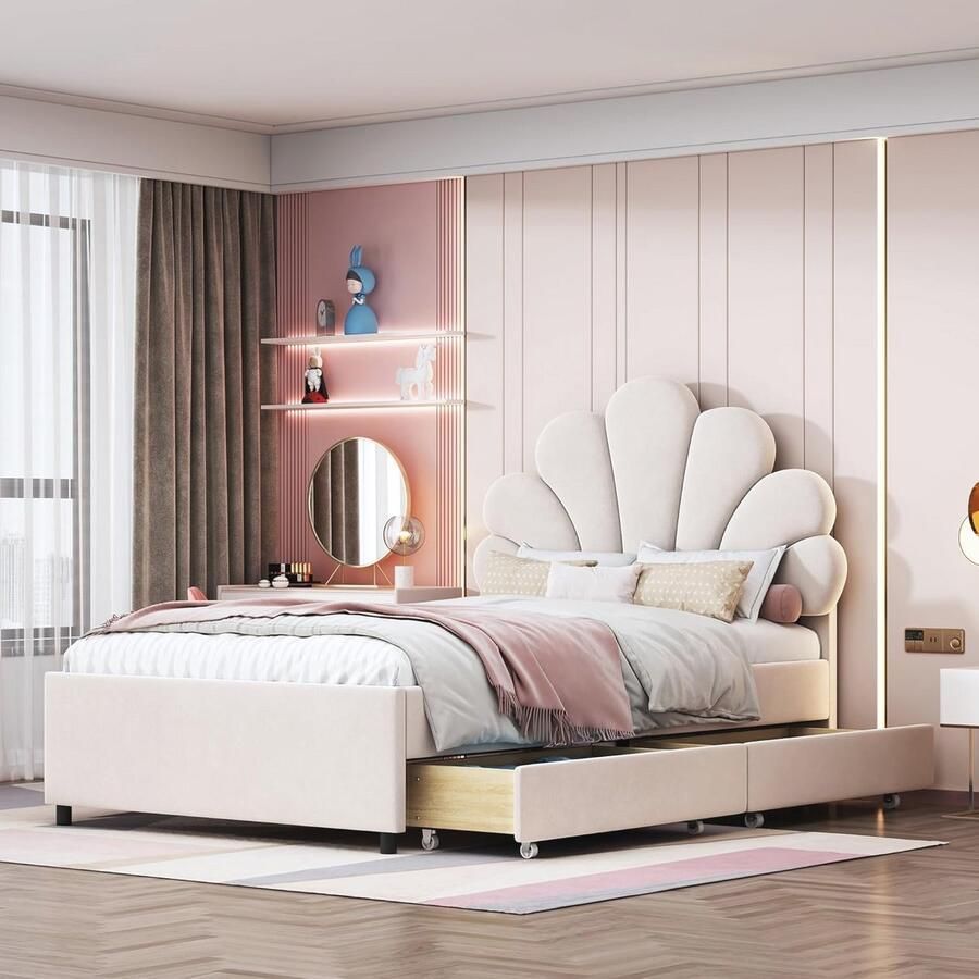 Gestoffeerd kinderbed 90x200 cm met bloemenhoofdeinde en 2 lades Beige