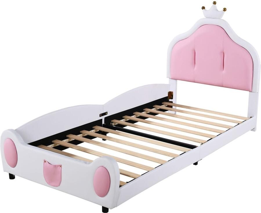 Gestoffeerd kinderbed 90x200cm zonder matras schattig cartoonontwerp stevig frame tweekleurig ontwerp roze+wit