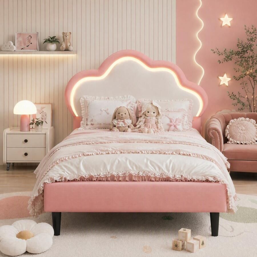 BursDany Gestoffeerd kinderbed 90 x 200 cm eenpersoonsbed voor meisjes met LED bedframe met in hoogte verstelbaar hoofdeinde en lattenbodem PU zonder matras roze - Foto 2