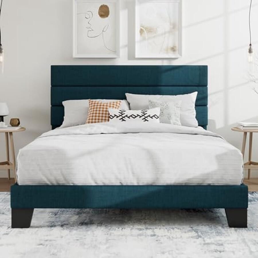 Gestoffeerd Queensize Bedframe met Hoofdeinde – Sterke Houten Lattenondersteuning
