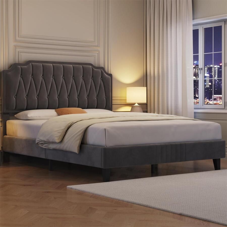 Gestoffeerd bed 160 x 200 cm bedframe tweepersoonsbed met in hoogte verstelbaar hoofdeinde bedframe stoffen bed met lattenbodem eenvoudige montage donkergrijs