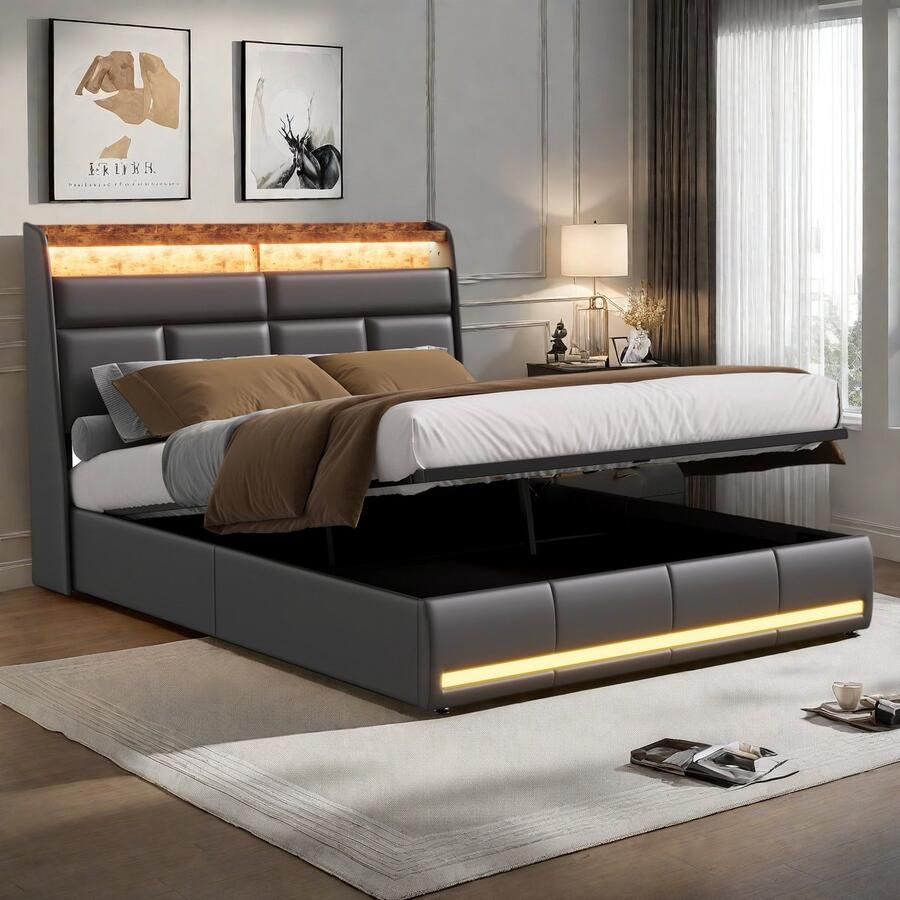 Gestoffeerd tweepersoonsbed 160 x 200 cm bed met ledverlichting tweepersoonsbed hydraulisch opbergbed functioneel bed bedframe met bedstee en lattenbodem zwart PU-leer zonder matras