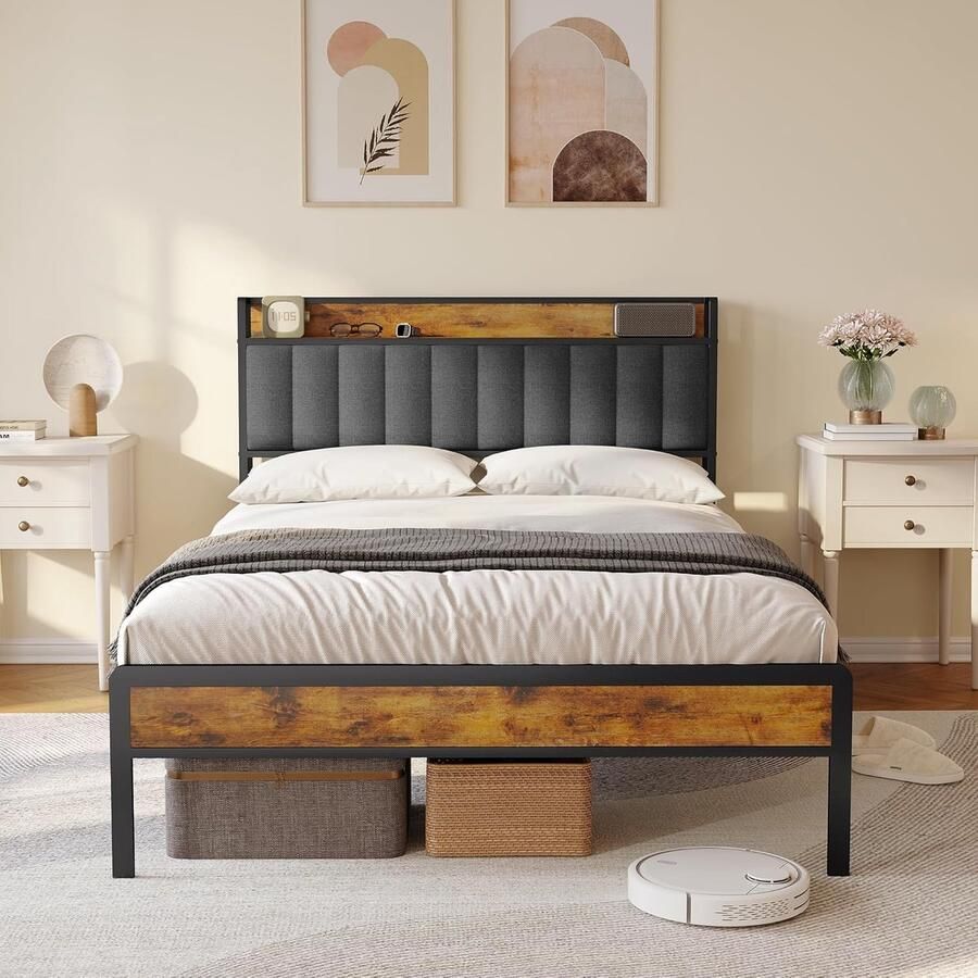 Gestoffeerd Tweepersoonsbed 140x200 cm met Metalen Frame en Houten Lattenbodem Veel Opbergruimte Stevige Constructie Eenvoudig Te Monteren