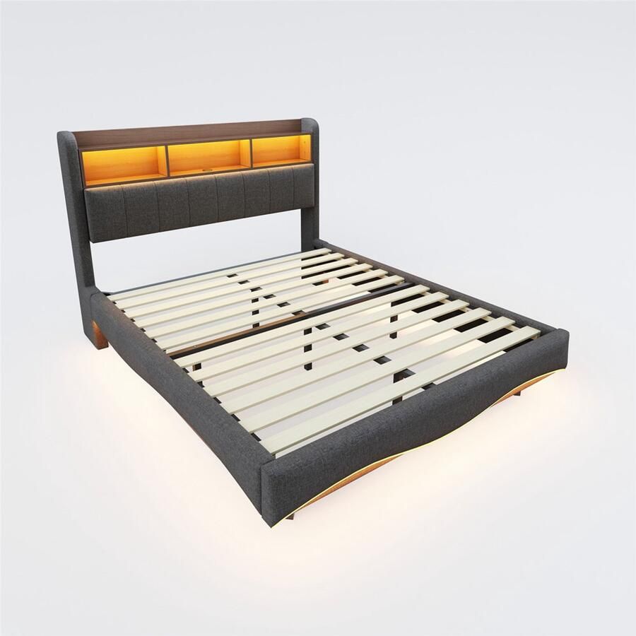 Gestoffeerd tweepersoonsbed 140x200 cm zonder matras met kleurveranderende LED-verlichting oplaadpoort en opbergrek verborgen bedpoten zwevend ontwerp multifunctioneel opbergbed Grijs