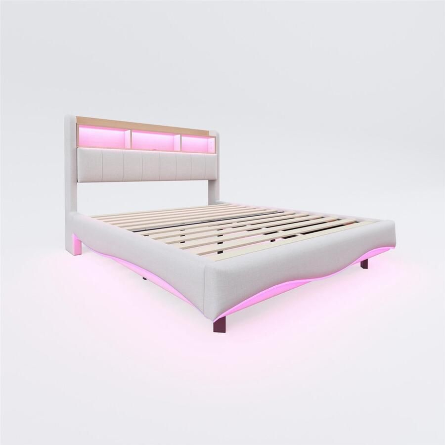 Gestoffeerd tweepersoonsbed 140x200 cm zonder matras met kleurveranderende LED-verlichting oplaadpoort en opbergrek verborgen bedpoten zwevend ontwerp multifunctioneel opbergbed beige