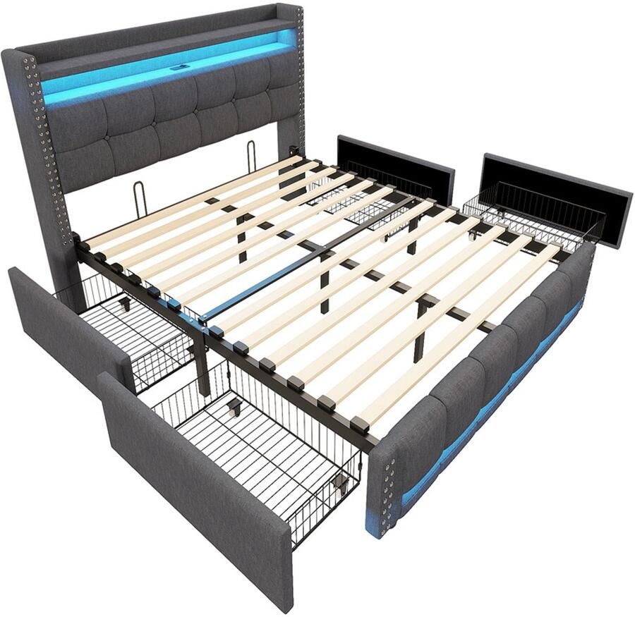 Gestoffeerd tweepersoonsbed 140x200 cm zonder matras met kleurveranderende LED-verlichting oplaadpoort opbergvak en 4 lades stijlvol knoopdecoratie ontwerp huidvriendelijke zachte linnen stof grijs