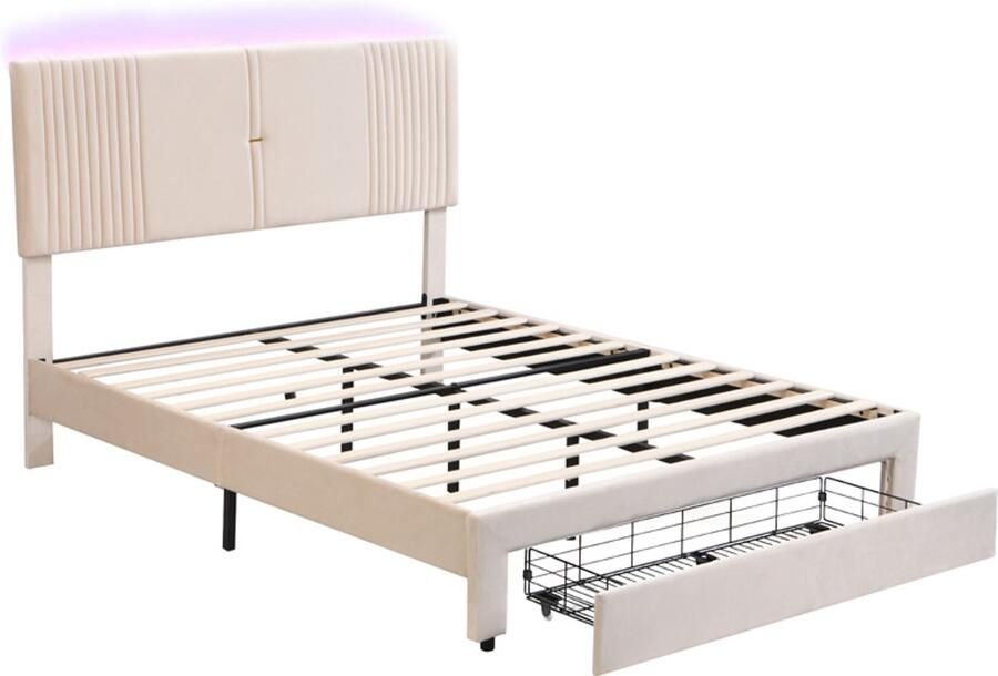 Gestoffeerd tweepersoonsbed 140x200 cm zonder matras met oplaadpoort kleurveranderende LED-verlichting en 1 grote lade klassieke verticale streep rugleuning verstelbare hoofdbordhoogte Beige