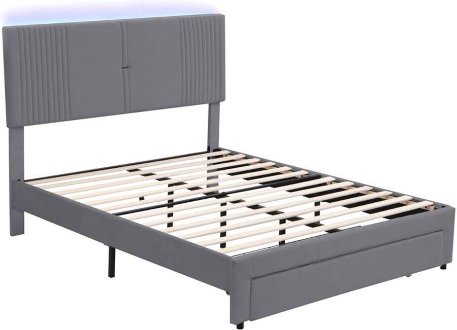 Gestoffeerd tweepersoonsbed 140x200 cm zonder matras met oplaadpoort kleurveranderende LED-verlichting en 1 grote lade klassieke verticale streep rugleuning verstelbare hoofdbordhoogte Beige