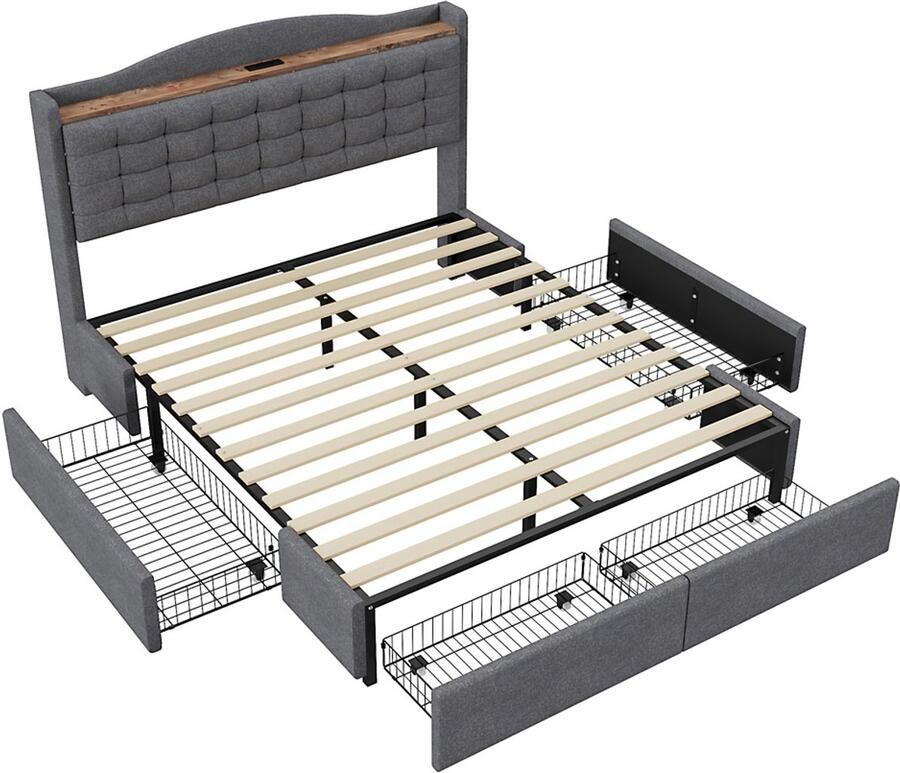 Gestoffeerd tweepersoonsbed 140x200 cm zonder matras met USB-oplaadpoort en 4 lades op wieltjes huidvriendelijke zachte linnen stof Donkergrijs