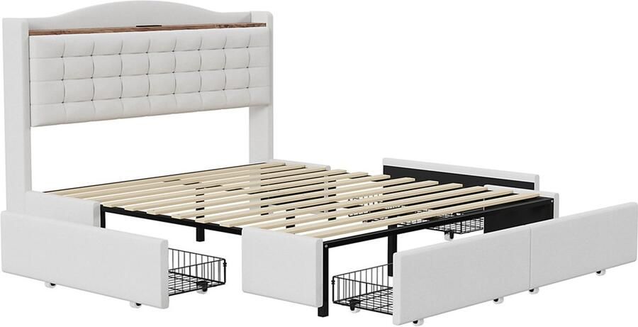 Gestoffeerd tweepersoonsbed 140x200 cm zonder matras met USB-oplaadpoort en 4 lades op wieltjes huidvriendelijke zachte linnen stof Beige