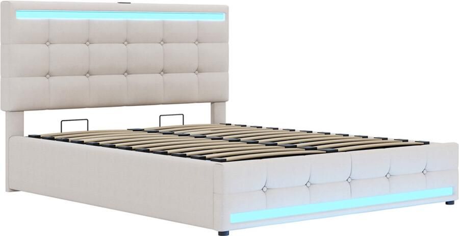 Gestoffeerd tweepersoonsbed 140x200 cm zonder matras met verstelbare LED-verlichting oplaadpoort en hydraulische opbergruimte verstelbare hoofdbordhoogte knoopdecoratie en blokpatroon ontwerp modern strak beige