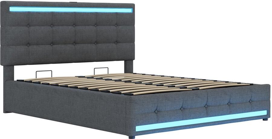 Gestoffeerd tweepersoonsbed 140x200 cm zonder matras met verstelbare LED-verlichting oplaadpoort en hydraulische opbergruimte verstelbare hoofdbordhoogte knoopdecoratie en blokpatroon ontwerp modern strak Grijs