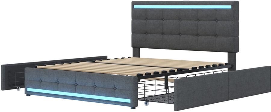 Gestoffeerd tweepersoonsbed 140x200 cm zonder matras met verstelbare LED-verlichting oplaadpoort en 4 laden verstelbare hoofdbordhoogte knoopdecoratie en blokpatroon ontwerp modern strak grijs