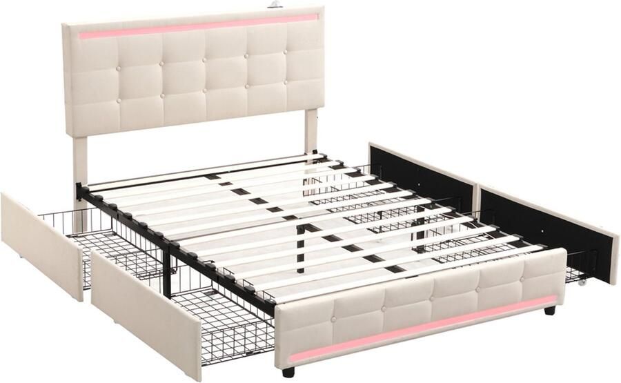 Gestoffeerd tweepersoonsbed 140x200 cm zonder matras met verstelbare LED-verlichting oplaadpoort en 4 laden verstelbare hoofdbordhoogte knoopdecoratie en blokpatroon ontwerp modern strak Beige