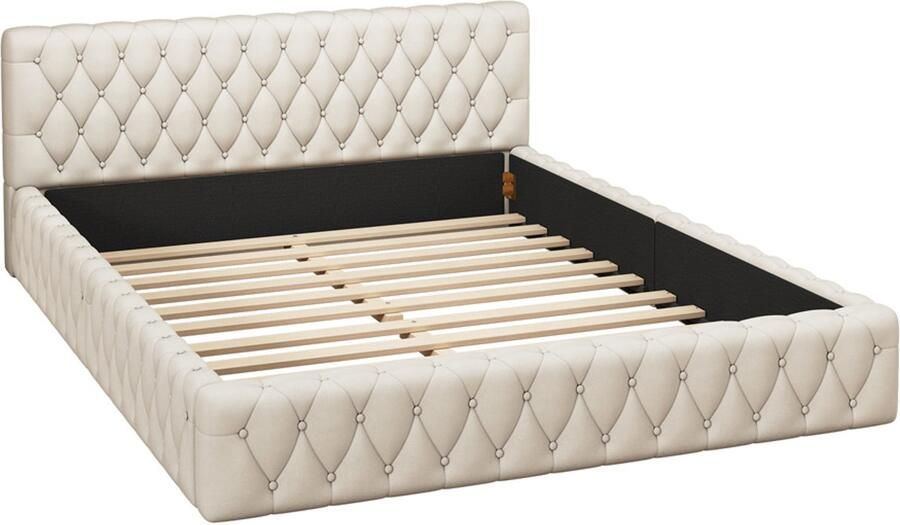 Gestoffeerd tweepersoonsbed 140x200cm zonder matras klassiek knoopdecor ontwerp huidvriendelijk zacht fluweel beige