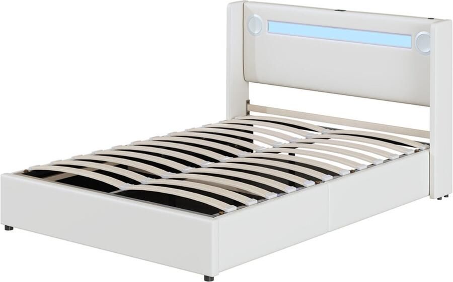 Gestoffeerd tweepersoonsbed 140x200cm zonder matras met Bluetooth-speler kleurveranderende LED-verlichting USB-oplaadpoort en hydraulische opbergruimte stevig metalen frame wit