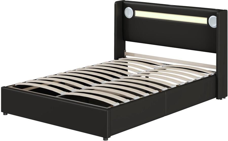 Gestoffeerd tweepersoonsbed 140x200cm zonder matras met Bluetooth-speler kleurveranderende LED-verlichting USB-oplaadpoort en hydraulische opbergruimte stevig metalen frame zwart