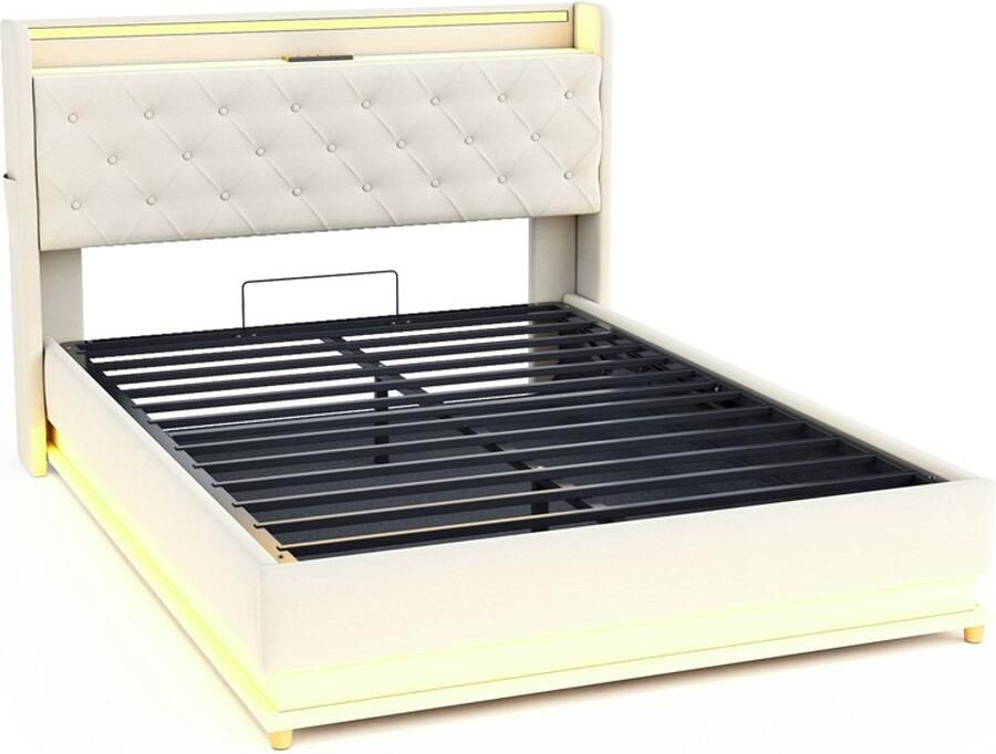 Gestoffeerd tweepersoonsbed 140x200cm zonder matras met oplaadpoort verstelbare LED-verlichting en hydraulische opbergruimte klassiek stijlvol knoopdecor ontwerp huidvriendelijk zacht linnen beige