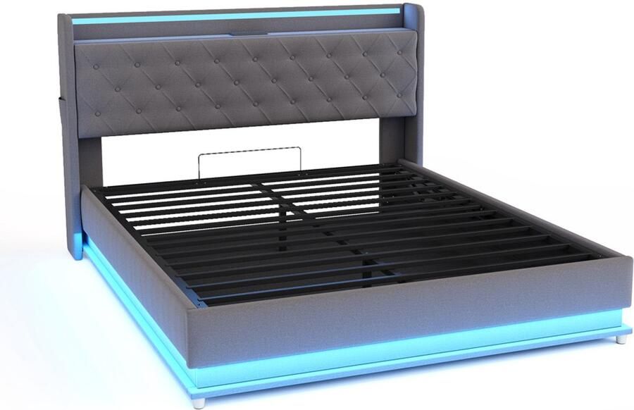 Gestoffeerd tweepersoonsbed 140x200cm zonder matras met oplaadpoort verstelbare LED-verlichting en hydraulische opbergruimte klassiek stijlvol knoopdecor ontwerp huidvriendelijk zacht linnen Grijs