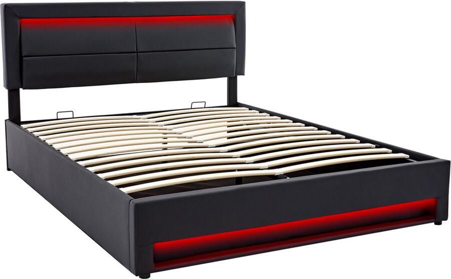 Gestoffeerd tweepersoonsbed 140x200cm zonder matras met oplaadpoort verstelbare LED-verlichting met kleurwisselfunctie hydraulische opbergruimte comfortabel gevuld verstelbare hoofdbordhoogte huidvriendelijke zachte stof zwart