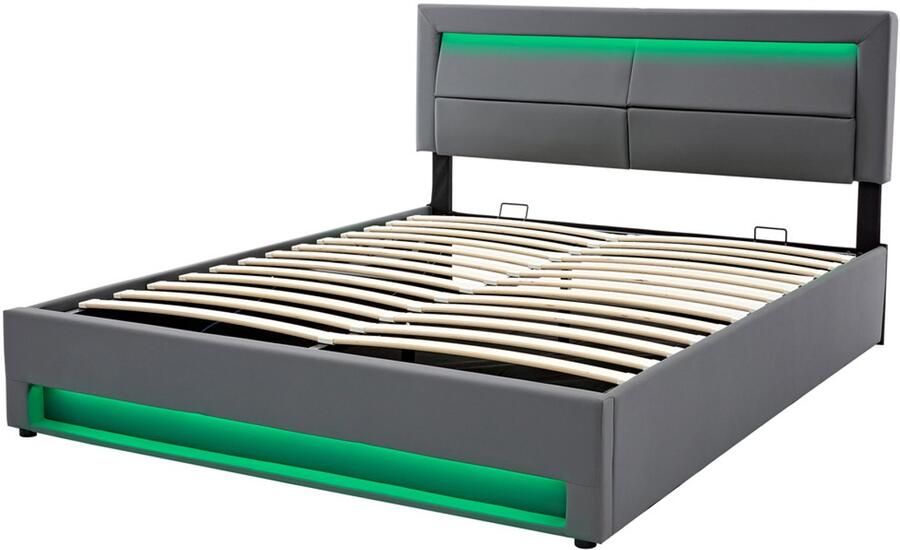 Gestoffeerd tweepersoonsbed 140x200cm zonder matras met oplaadpoort verstelbare LED-verlichting met kleurwisselfunctie hydraulische opbergruimte comfortabel gevuld verstelbare hoofdbordhoogte huidvriendelijke zachte stof Grijs