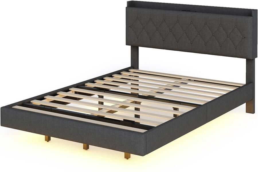 Gestoffeerd tweepersoonsbed 140x200cm zonder matras met USB-oplaadpoort en verstelbare LED-lichtstrip verborgen zwevend bedframe en hoofdeinde met knoopdecoratie en verborgen opbergruimte grijs