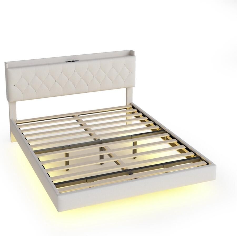 Gestoffeerd tweepersoonsbed 140x200cm zonder matras met USB-oplaadpoort en verstelbare LED-lichtstrip verborgen zwevend bedframe en hoofdeinde met knoopdecoratie en verborgen opbergruimte Beige