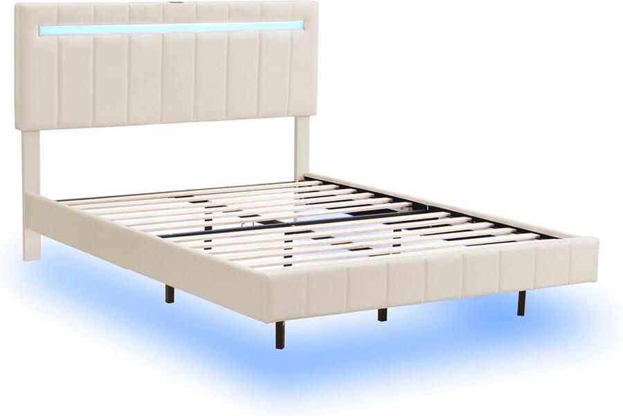 Gestoffeerd tweepersoonsbed 140x200cm zonder matras met veranderbare LED-verlichting verticale streepdecoratie verborgen zwevende poten huidvriendelijk zacht linnen Beige