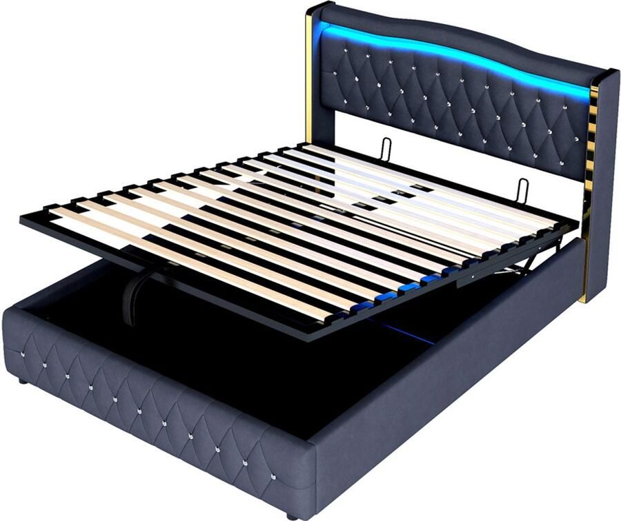 Gestoffeerd tweepersoonsbed 140x200cm zonder matras met verstelbare LED-verlichting en hydraulische opbergruimte modern strak design met gouden lijnen en lichte nepdiamantdecoratie Zwart