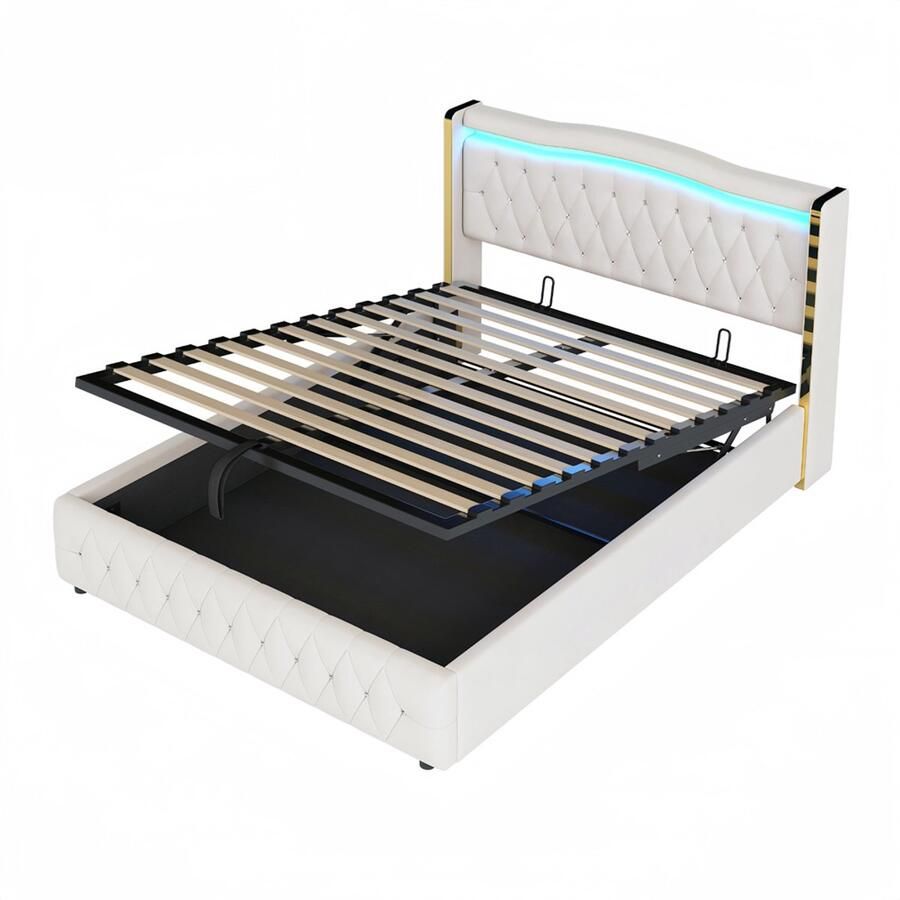 Gestoffeerd tweepersoonsbed 140x200cm zonder matras met verstelbare LED-verlichting en hydraulische opbergruimte modern strak design met gouden lijnen en lichte nepdiamantdecoratie Beige