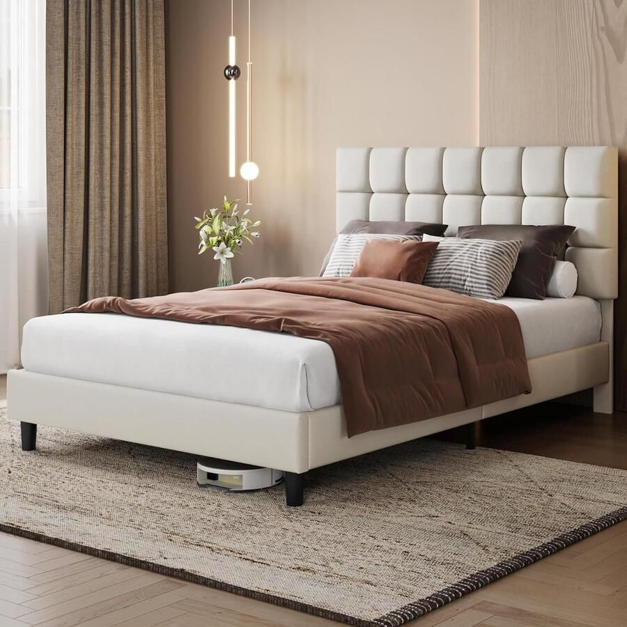 Gestoffeerd tweepersoonsbed 160 x 200 cm beige bed met in hoogte verstelbaar hoofdeinde stabiel gestoffeerd bedframe stoffen bed met lattenbodem