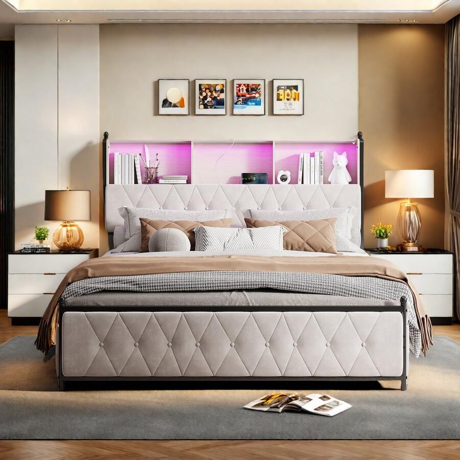 Gestoffeerd tweepersoonsbed 160 x 200 cm met LED-hoofdbord en USB-aansluiting jeugdbed met lattenbodem en 4 lades opbergbed functioneel bed zonder matras fluweelbeige