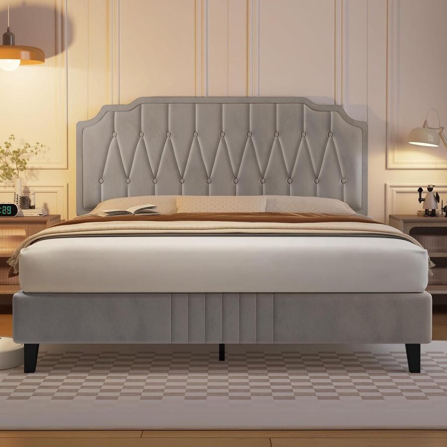Gestoffeerd tweepersoonsbed 160 x 200 cm stoffen bedframe gevoerd bed met in hoogte verstelbaar hoofdeinde bedframe met lattenbodem beige