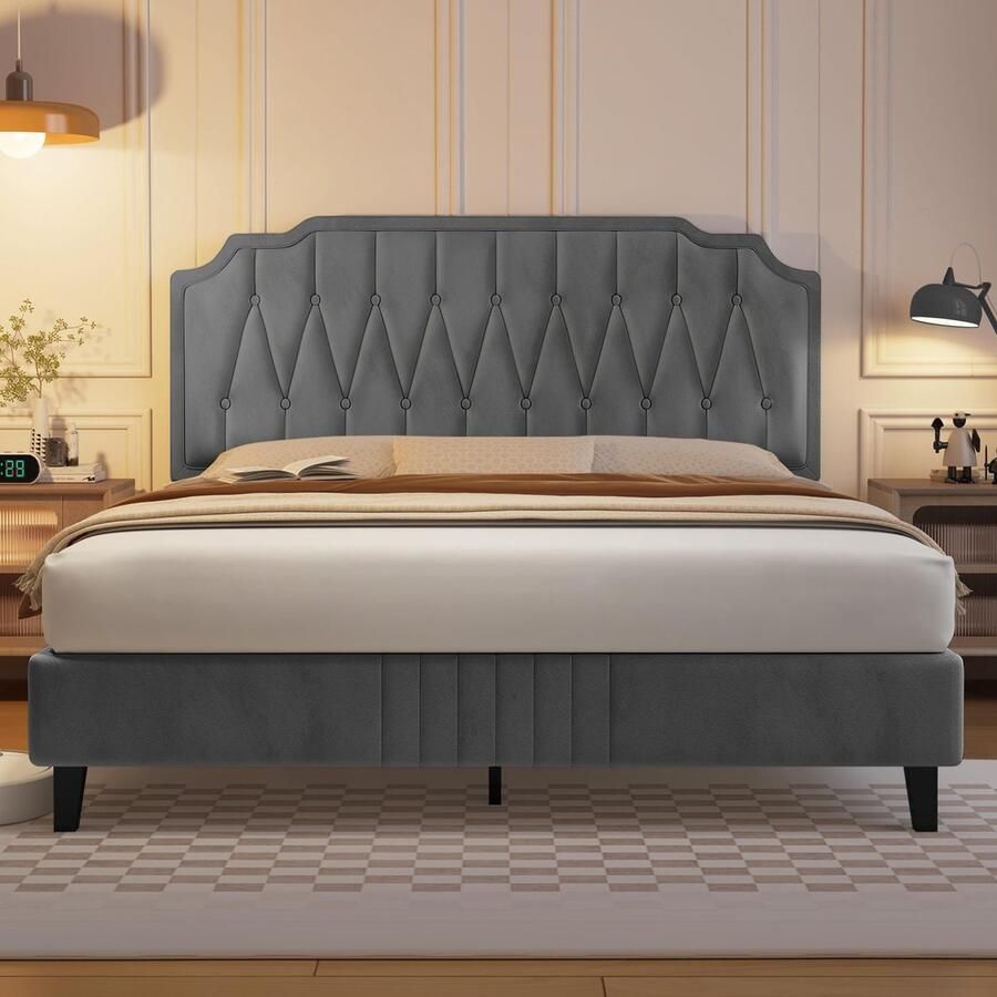 Gestoffeerd tweepersoonsbed 160 x 200 cm stoffen bedframe gevoerd bed met in hoogte verstelbaar hoofdeinde bedframe met lattenbodem lichtgrijs