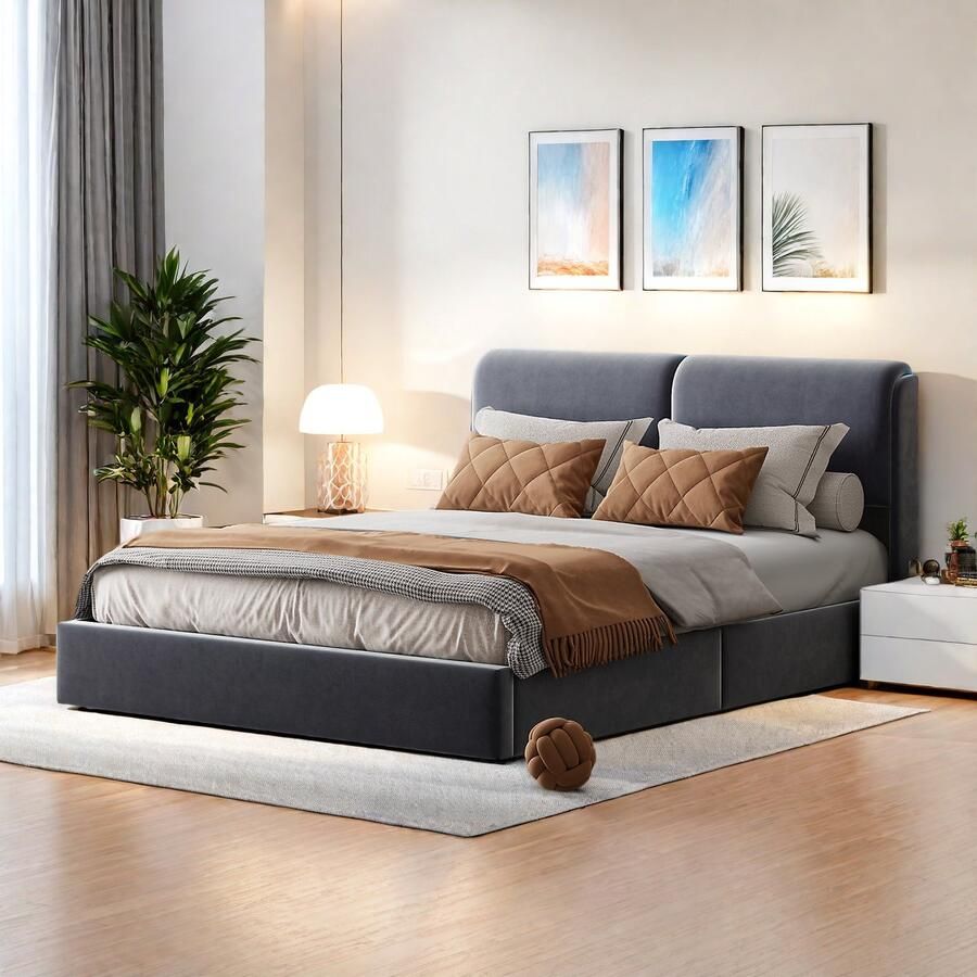 Gestoffeerd tweepersoonsbed 160x200 cm hydraulisch opbergbed met opbergruimte en lattenbodem hoofdeinde met ledverlichting fluweel grijs zonder matras (160x200 cm)