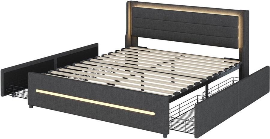 Gestoffeerd tweepersoonsbed 160x200 cm zonder matras met kleurveranderende LED-verlichting en 4 lades huidvriendelijke zachte linnen stof stijlvol en eenvoudig ontwerp grijs