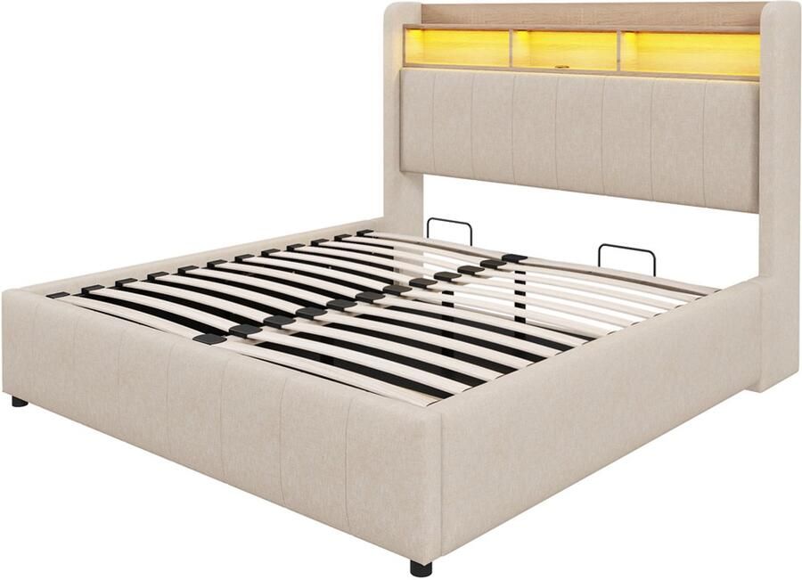 Gestoffeerd tweepersoonsbed 160x200 cm zonder matras met kleurveranderende LED-verlichting oplaadpoort opbergrek en hydraulische opbergruimte huidvriendelijke zachte linnen stof stevig metalen frame beige