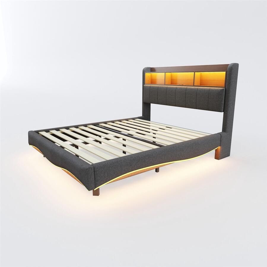 Gestoffeerd tweepersoonsbed 160x200 cm zonder matras met kleurveranderende LED-verlichting oplaadpoort en opbergrek verborgen bedpoten zwevend ontwerp multifunctioneel opbergbed Grijs