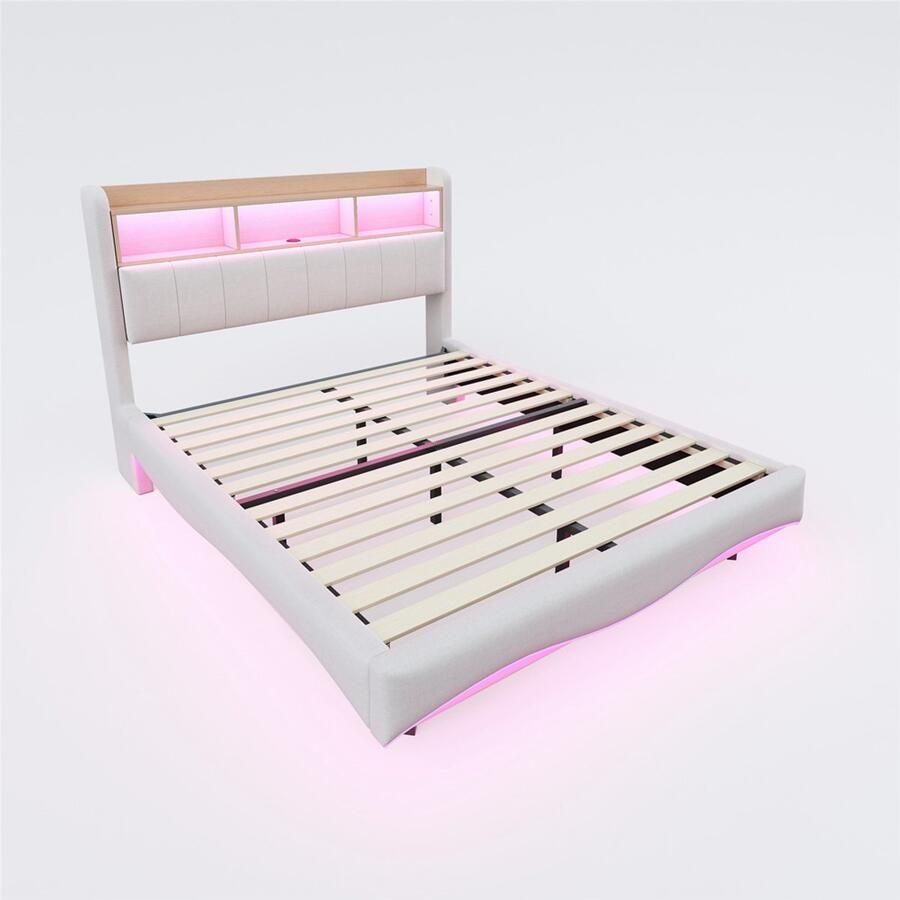 Gestoffeerd tweepersoonsbed 160x200 cm zonder matras met kleurveranderende LED-verlichting oplaadpoort en opbergrek verborgen bedpoten zwevend ontwerp multifunctioneel opbergbed beige