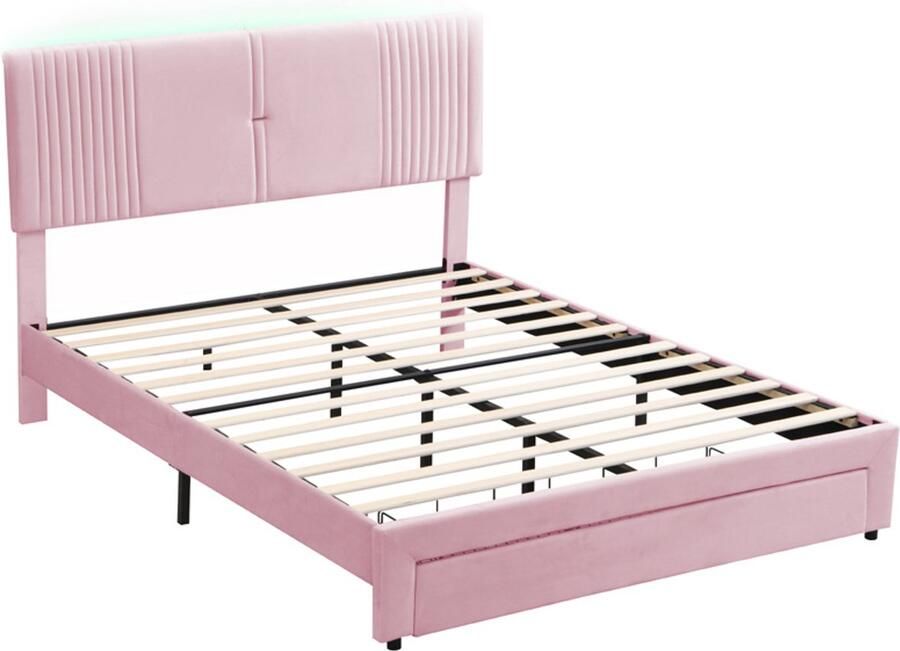 Gestoffeerd tweepersoonsbed 140x200 cm zonder matras met oplaadpoort kleurveranderende LED-verlichting en 1 grote lade klassieke verticale streep rugleuning verstelbare hoofdbordhoogte roze