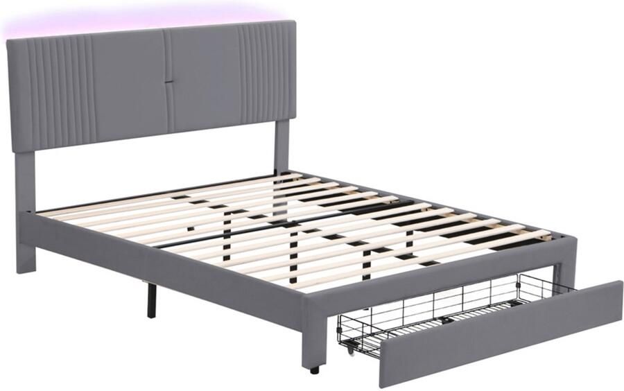 Gestoffeerd tweepersoonsbed 160x200 cm zonder matras met oplaadpoort kleurveranderende LED-verlichting en 1 grote lade klassieke verticale streep rugleuning verstelbare hoofdbordhoogte Grijs