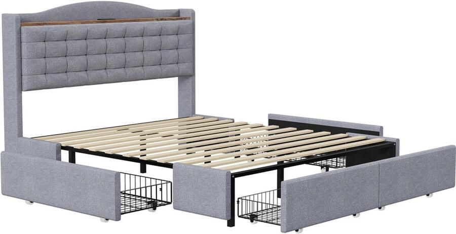 Gestoffeerd tweepersoonsbed 160x200 cm zonder matras met USB-oplaadpoort en 4 lades op wieltjes huidvriendelijke zachte linnen stof Lichtgrijs