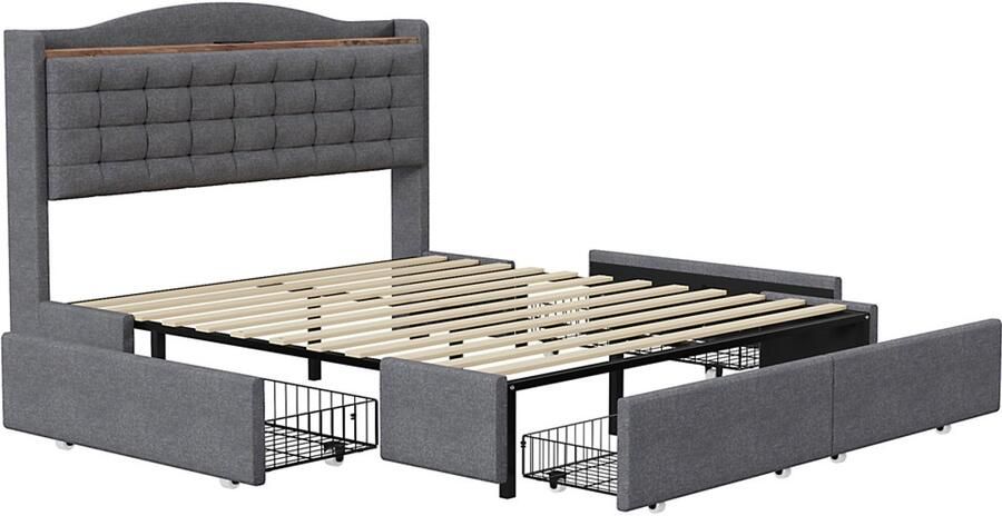 Gestoffeerd tweepersoonsbed 160x200 cm zonder matras met USB-oplaadpoort en 4 lades op wieltjes huidvriendelijke zachte linnen stof Donkergrijs