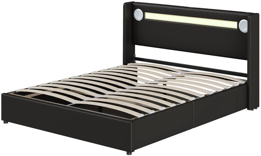 Gestoffeerd tweepersoonsbed 160x200cm zonder matras met Bluetooth-speler kleurveranderende LED-verlichting USB-oplaadpoort en hydraulische opbergruimte stevig metalen frame zwart