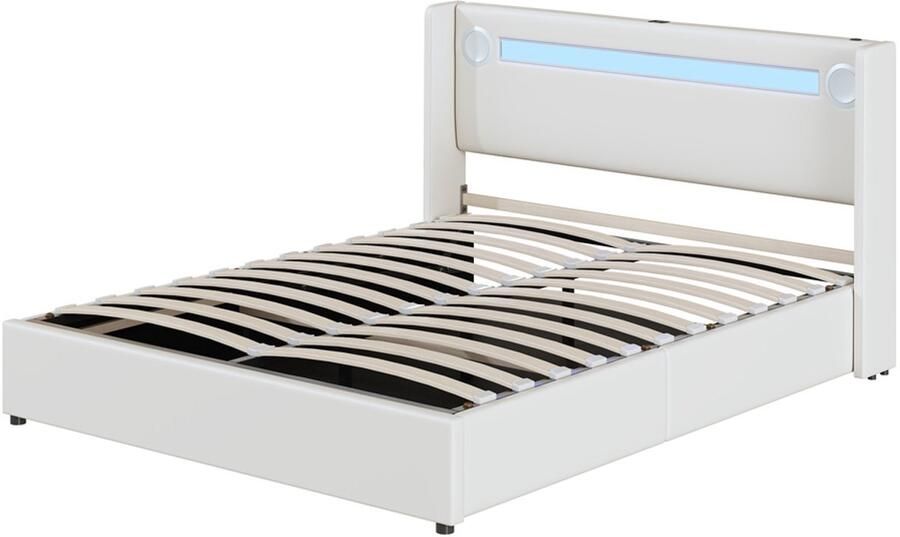 Gestoffeerd tweepersoonsbed 160x200cm zonder matras met Bluetooth-speler kleurveranderende LED-verlichting USB-oplaadpoort en hydraulische opbergruimte stevig metalen frame wit