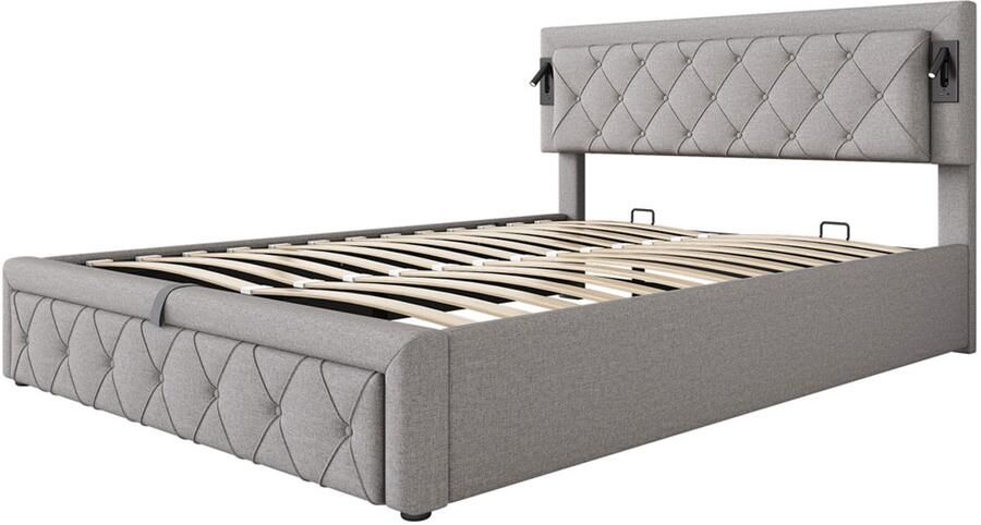 Gestoffeerd tweepersoonsbed 160x200cm zonder matras met leeslamp oplaadpoort en hydraulische opbergruimte knoopdecoratie met ruitpatroon huidvriendelijke zachte stof grijs