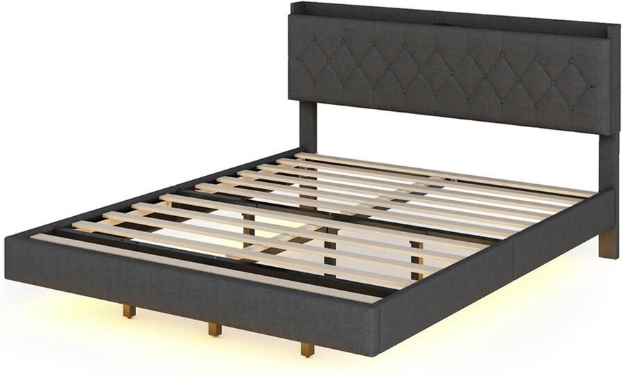 Gestoffeerd tweepersoonsbed 160x200cm zonder matras met USB-oplaadpoort en verstelbare LED-lichtstrip verborgen zwevend bedframe en hoofdeinde met knoopdecoratie en verborgen opbergruimte grijs