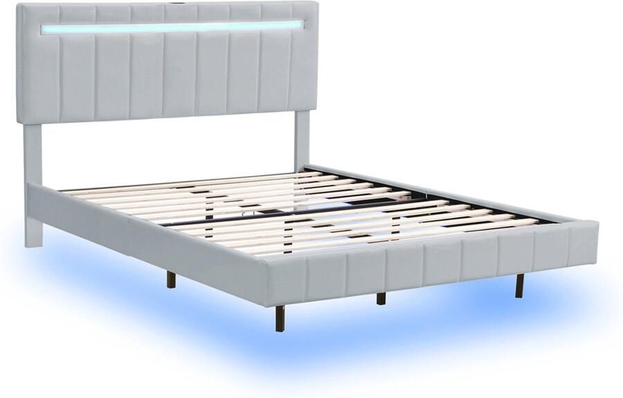 Gestoffeerd tweepersoonsbed 160x200cm zonder matras met veranderbare LED-verlichting verticale streepdecoratie verborgen zwevende poten huidvriendelijk zacht linnen grijs